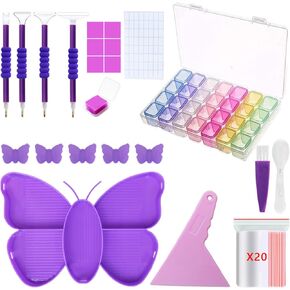 PICNICFUN Diamond Kits Stickers for Kids Tool Kit, 28 Storage Boxes, Purple Butterfly Tray, Point Drill Pens, Accessories Set (Purple)