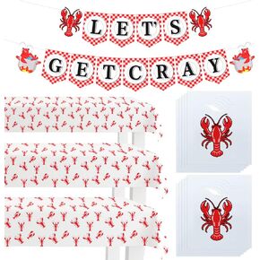 34Pcs Crawfish Boil Party Supplies,3 Pcs Crawfish Tablecloth 30 Pcs Disposable Crawfish Bibs and 1Pcs Let's Get Cray Banner for Party Decoration Festival Potluck Barbecue,54 x 108 Inch, Picnic