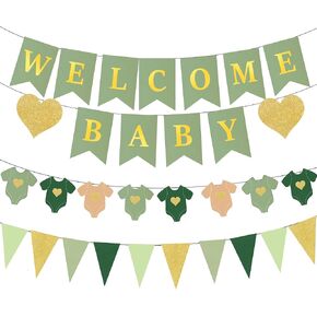 Sage Green Baby Shower Decorations Kit,Welcome Baby Banner Sign,Green and Gold Pennant Bodysuit Banners,Neutral Gender Reveal Party Decor Supplies