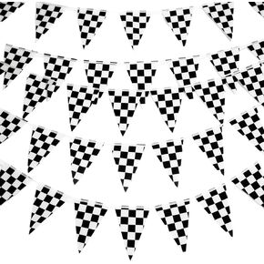 Black and White Checkered Flag Banner,33 Ft 38Pcs NASCAR Flags Banner Bunting Décor,Race Car Flags Checkered Flag Racing Party Decoration Supplies for Indoor Outdoor