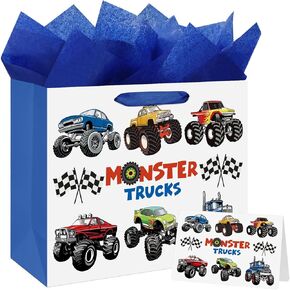 13" Large Happy Birthday Gift Bag with Tissue Paper and Card for Kids Baby Boys Birthday (Monster Trucks Design)