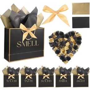 5 Senses Gift Bags for Him Her Five Senses Gift Bags with Ribbon Handles Tissue Paper Petals Black Gift Bag for Birthday Anniversary,Wedding,Valentine's Day
