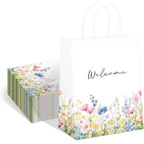 QIELSER Welcome Bags for Wedding Guests Bulk, Watercolor Wildflowers Welcome Gift Bags with Handles Shopping paper Bags Good for Wedding, Birthday Party Supplies, Craft, Packaging, Retail (50)