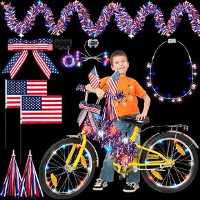 Buryeah 10 Pcs LED 4th of July Bike Decorations Kit Patriotic Bike Decor Wheel Light Bicycle Streamer Bow USA Flag Red White Blue Tinsel Garland Necklace Star Light Independence Day Parade Party Favor