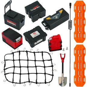 RC Crawler Roof Rack Accessories Set Simulation Luggage Net/Fuel Tanks/Shovel/Recovery Boards/Fishing Boxes Tool Case/Antennas Compatible with Traxxas 1/10 TRX4 TRX6/Axial SCX10/Redcat Gen7 Gen8