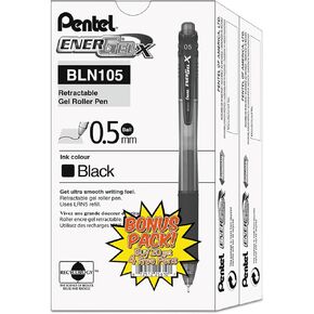 Pentel BLN105ASW2 EnerGel-X Retractable Roller Gel Pen, .5mm, Black Barrel, Black Ink, 24/Pack