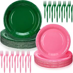 Yungyan 96 Pcs Pink and Green Witch Party Decorations Disposable Paper Tableware Set Includes Pink Plates, Green Plates, Knives, Forks for Girls Birthday Party Supplies, Serves 24 Guest(Round)