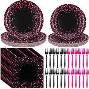 Yungyan 96 Pcs Hot Pink and Black Party Supplies Include 24 Dots on Black Paper Napkins 24 Large Plates 24 Small Plates 24 Forks for Graduation Halloween Wedding Birthday Baby Shower