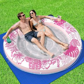 Inflatable Tanning Pool Lounger Float with Protection Tarp, 75" x 75" Pool Floats Adult with Pillow, 6 in 1 Suntan Tub Raft Floatie, Sunbathing Water Lounge Blow Up Pool Kids Ball Pit Party Gifts