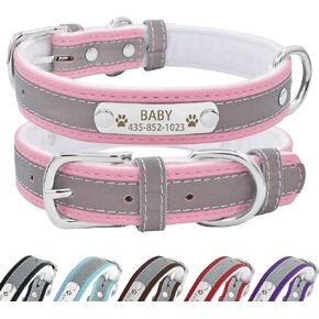 Personalized Reflective Leather Dog Collar with Warm Lining,Custom Dog Collar with Name Plate Engraved for Small Medium Large Dogs & Cats