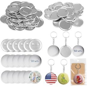 Esmorah 100 Sets (50 Sets pin+50 Sets Keychain) 58mm/2.25 inch Button Maker Supplies Gift, Keychain Pins Metal Round Badge Parts Making Kit for Button Maker Machine with Metal Cover