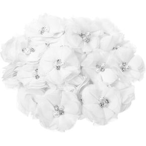 30 PCS Rhinestone Chiffon Flower, Fabric Flowers Sewing Appliques 2" Flower Rhinestone Pearl for Clothing, Headbands Flowers, Crafts, Party Decoration, Sewing Applique (White)