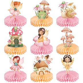 Funrous 9 Pcs Fairy Party Decorations Fairies Honeycomb Centerpieces First Birthday Baby Shower Table Decor 3D Fairyland Mushroom Frog Paper Centerpieces for Home Forest Wonderland Supplies