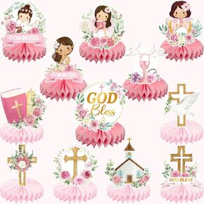 24Pcs Baptism Decorations for Girls, Pink Floral Baptism Centerpieces for Tables, Baptism Decor Honeycomb Centerpiece Double Sided Table Toppers for Baby Girl, Baptism Party Decor
