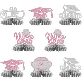 Nurse Grad Table Honeycomb Centerpieces Decorations - Glitter 8 Pcs Nursing School Graduation Party Table Toppers Decor - Congrats RN Nurse Grad - Medical Graduation Party Decoration Supplies