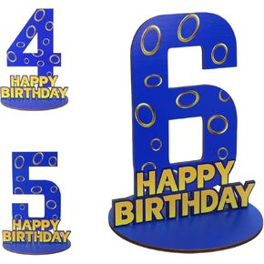 Blue Gold Number 5 Birthday Sign Centerpiece, Wooden 5th Number Stand Sign for Boy Girl Kids 5th Birthday Party Decorations
