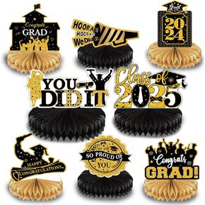 8 PCS Graduation Honeycomb Table Toppers for Graduation Party Decorations Class of 2025 Supplies Congrats Grad Table Centerpieces Gold (Bule)