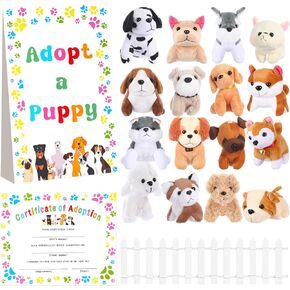 Patelai 34 Pcs Adopt a Puppy Party Favors, 16 Small Stuffed Puppy Plush Dogs Bulk 16 Adoption Cards 1 Adoption Sign 1 White Fence for Adopt a Dog Party Favors Supplies Gifts