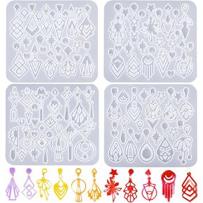 (4 Pack) Resin Earring Molds,Silicone Jewelry Mold with Hole, Variety Shape Geometric Resin Jewelry Molds for DIY Earrings Pendant Keychain Ornaments Decoration