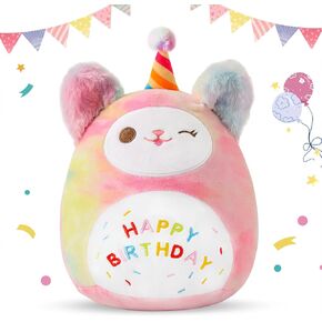Sioloc 15.7" Rainbow Birthday Cat Plush Pillow - Soft Kitten Stuffed Animal Toy, for Kids, Toddlers, Birthday Decor