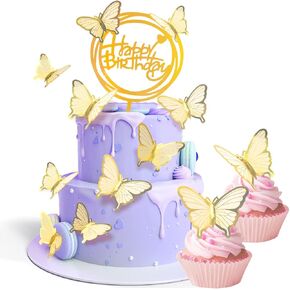 Cake Toppers Decorations, 31pcs Butterfly Cupcake Topper Butterfly Decorations for Baby Shower Wedding Anniversary Party Happy Birthday Topper Wall Decor (Gold)