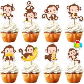 32Pcs Monkey Cupcake Toppers -Monkey Cupcake Decorations fit for Girls Boys Cake Decoration,animal theme Birthday Party Supplies