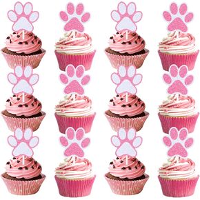 24 Pcs Pink Paw Cupcake Toppers, Glitter Puppy Paw Print Cake Toppers Supplies for Birthday Party Puppy Cat Theme Party Cake Decorations (2 Styles)