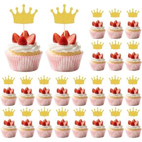 30Pcs Princess Crown Cupcake Toppers, Gold Queen Crown Cupcake Picks for Queen Princess Theme Wedding Baby Shower Girls Birthday Party Cake Decorations Supplies