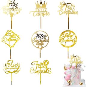 Happy Birthday Cake Toppers Feliz Cumpleaños Cupcake Decoration 8 Pcs Gold Acrylic Spanish Birthday Party Supplies