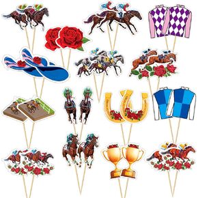 30 PCS Derby Cupcake Toppers, 15 Style Derby Decorations, Run for the Roses Horseshoe Design Horse Cupcake Toppers Horses Toothpicks, Horse Racing Theme Decor