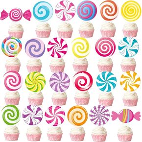 48pcs Round Lollipop Cupcake Toppers Candyland Birthday Party Decorations Colorful Candyland Cupcake Toppers decorations for Lollipop Theme Party Sweet Candy Party Baby Shower Supplies