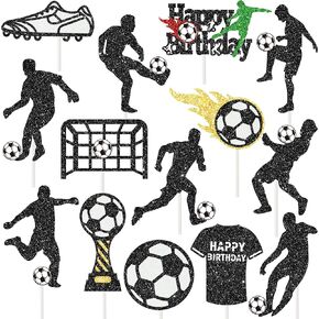 24pcs Glitter Soccer Theme Cupcake Toppers Soccer Birthday Party Decorations for Boys Football Party Cake Cupcake Toppers for Soccer Birthday Party Football Lover Party Supplies
