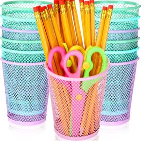 Sherr 12 Pcs Pastel Mesh Pen Holder Bulk Colored Mesh Pencil Cup Holder for Desk Cute Metal Pen Cups Pencil Organizer Colorful Desk Accessories for Office Makeup Brush Storage Desktop Table Organizer