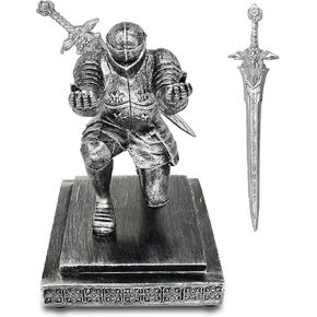 Knight Pen Holder,Knights Pen Stand with Magnet Sword,Executive Pen Stand,Resin Soldier Pen Holder for Office,Home,Desk Decor,Holiday Present (Silver)