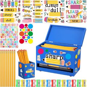 107 Pcs Wooden Pencil Dispenser Kit for Classroom Wooden Sharp and Dull Pencil Holder 5 Sticker 50 Pencils 50 Sharpener Classroom Teacher Must Haves for Back to School Supplies(Black)