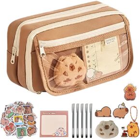 Cute Capybara Pencil Case,Pencil Pouch Large Capacity with Pins Plush Cute Stationery, Stickers,Pen,For Capybara School Supplies,Gifts (Brown)