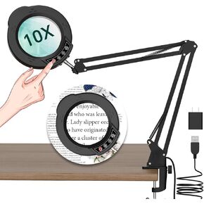 10X Magnifying Glass with Light and Clamp, 5 Color Modes Stepless Dimmable LED Desk Lamp, LED Lighted Magnifier for Close Work Reading Repair Crafts