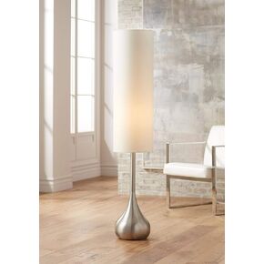 Possini Euro Design Mid Century Modern Retro Floor Lamp Standing 62" Tall Dark Bronze Metal Droplet Off-White Cotton Cylinder Shade Decor for Living Room Reading House Bedroom Home
