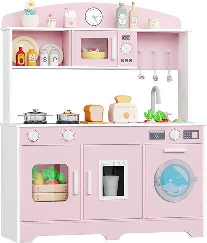 Play Kitchen for Kids, Wooden Kids Kitchen Playset with Storage and Realistic Details, Pretend Play Kitchen Set with Ice Maker, Clicking Knobs, Sink, Washing Machine for Toddlers Ages 3 (Pink) in Saudi Arabia