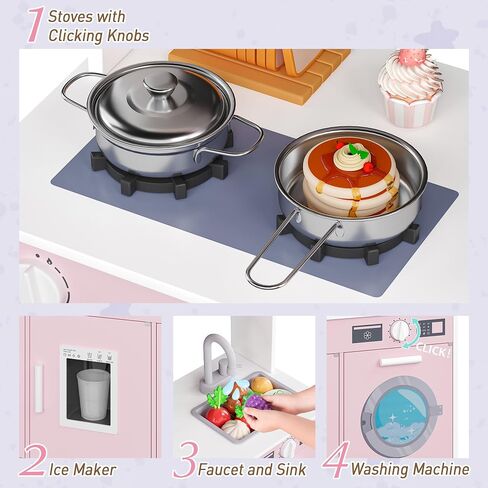 Play Kitchen for Kids, Wooden Kids Kitchen Playset with Storage and Realistic Details, Pretend Play Kitchen Set with Ice Maker, Clicking Knobs, Sink, Washing Machine for Toddlers Ages 3 (Pink) in Saudi Arabia