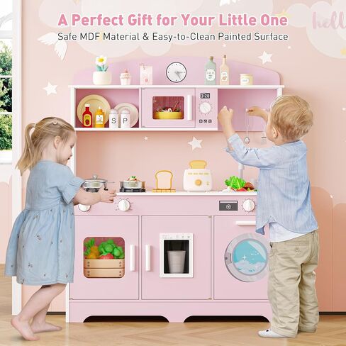 Play Kitchen for Kids, Wooden Kids Kitchen Playset with Storage and Realistic Details, Pretend Play Kitchen Set with Ice Maker, Clicking Knobs, Sink, Washing Machine for Toddlers Ages 3 (Pink) in Saudi Arabia