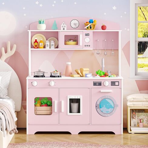 Play Kitchen for Kids, Wooden Kids Kitchen Playset with Storage and Realistic Details, Pretend Play Kitchen Set with Ice Maker, Clicking Knobs, Sink, Washing Machine for Toddlers Ages 3 (Pink) in Saudi Arabia