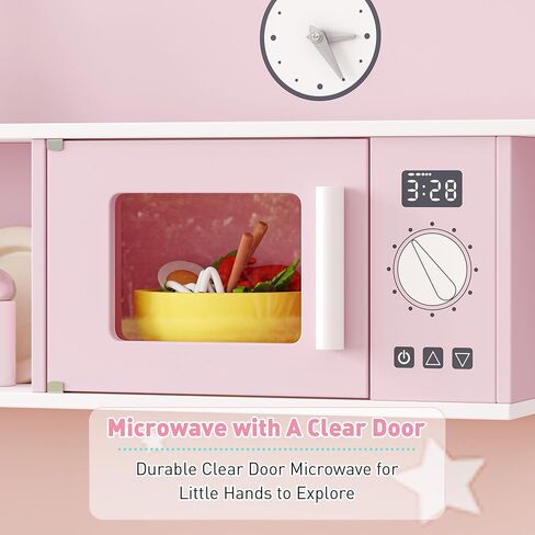 Play Kitchen for Kids, Wooden Kids Kitchen Playset with Storage and Realistic Details, Pretend Play Kitchen Set with Ice Maker, Clicking Knobs, Sink, Washing Machine for Toddlers Ages 3 (Pink) in Saudi Arabia