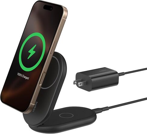 Belkin MagSafe Charger Compatible, BoostCharge Magnetic Foldable Wireless Charging Stand 15W - Qi2-Certified Wireless Charger for iPhone 15, 14, & 13 Series, Standy Mode Ready, PSU Included - White in Saudi Arabia