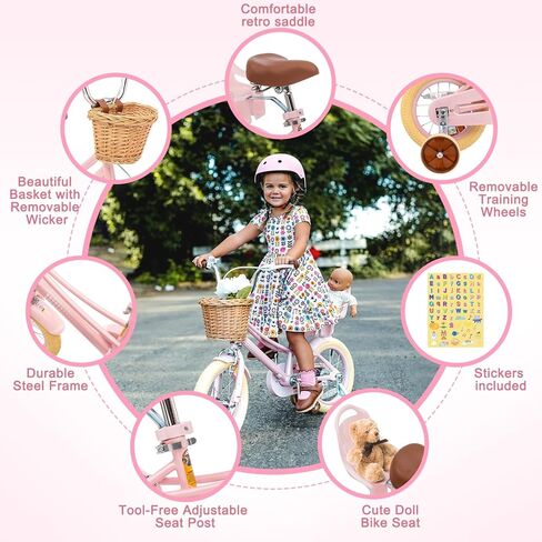 Glaf Toddler Bike 3-5 12 14 16 20 Inch Girls Bike Training Wheels and Baby Doll Seat for 2-12 Years Old Kids Bike Bicycle with Basket Adjustable Seat in Kuwait