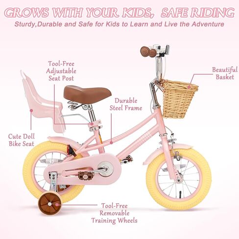 Glaf Toddler Bike 3-5 12 14 16 20 Inch Girls Bike Training Wheels and Baby Doll Seat for 2-12 Years Old Kids Bike Bicycle with Basket Adjustable Seat in Kuwait
