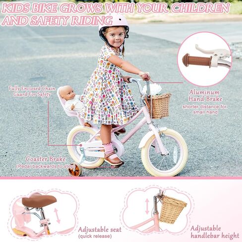 Glaf Toddler Bike 3-5 12 14 16 20 Inch Girls Bike Training Wheels and Baby Doll Seat for 2-12 Years Old Kids Bike Bicycle with Basket Adjustable Seat in Kuwait