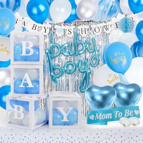 Baby Shower Decorations for Boy - All-in-One Inclusive Baby Boy Shower Blue Decorations JUMBO 165 Pcs Set - Welcome First Birthday Photo Shoot Décor Balloons Arch Boxes with Letters Kit in Saudi Arabia
