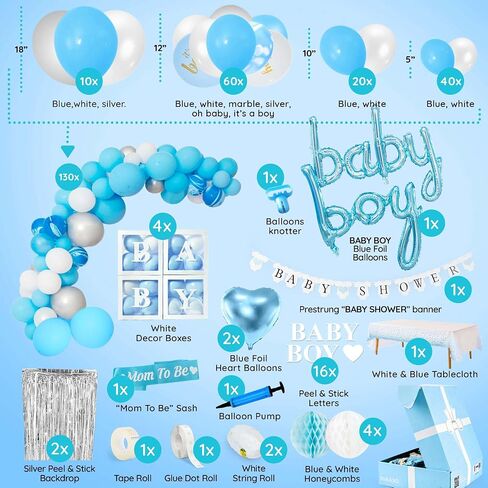 Baby Shower Decorations for Boy - All-in-One Inclusive Baby Boy Shower Blue Decorations JUMBO 165 Pcs Set - Welcome First Birthday Photo Shoot Décor Balloons Arch Boxes with Letters Kit in Saudi Arabia