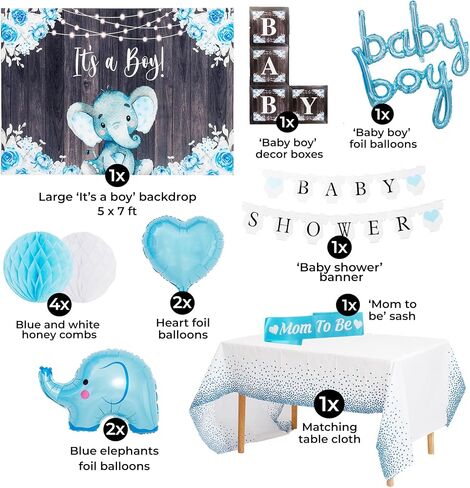Baby Shower Decorations for Boy - All-in-One Inclusive Baby Boy Shower Blue Decorations JUMBO 165 Pcs Set - Welcome First Birthday Photo Shoot Décor Balloons Arch Boxes with Letters Kit in Saudi Arabia